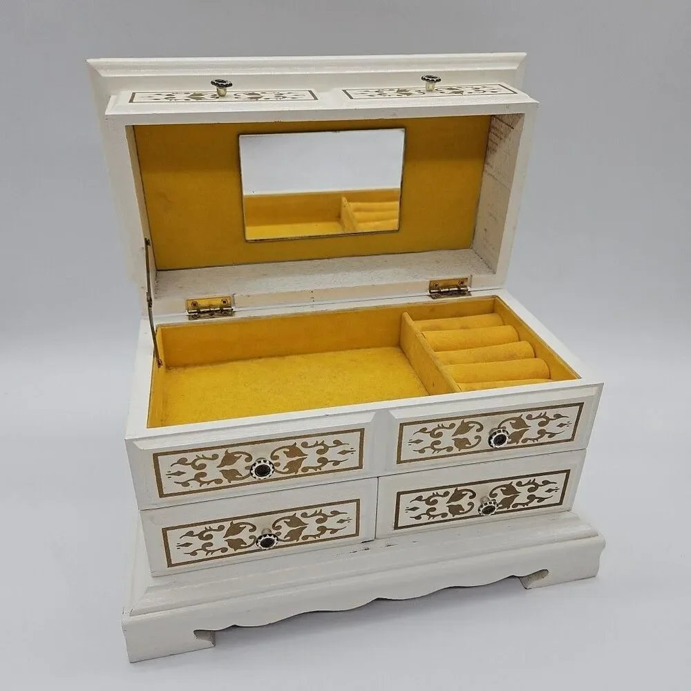Wooden Jewelry Box White And Gold Filigree Velvet Lined